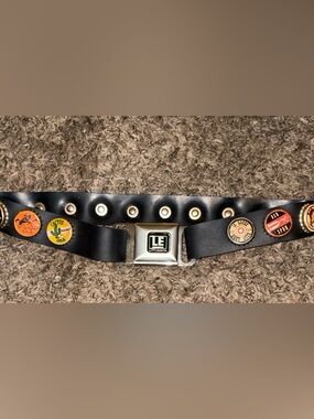 Black Retro Little Earth Seat Belt Buckle Belt with Vintage Bottle Caps